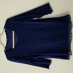 Shana Lagenlook Artsy Blue Sheer Sleeves Round Neck Top XL A1